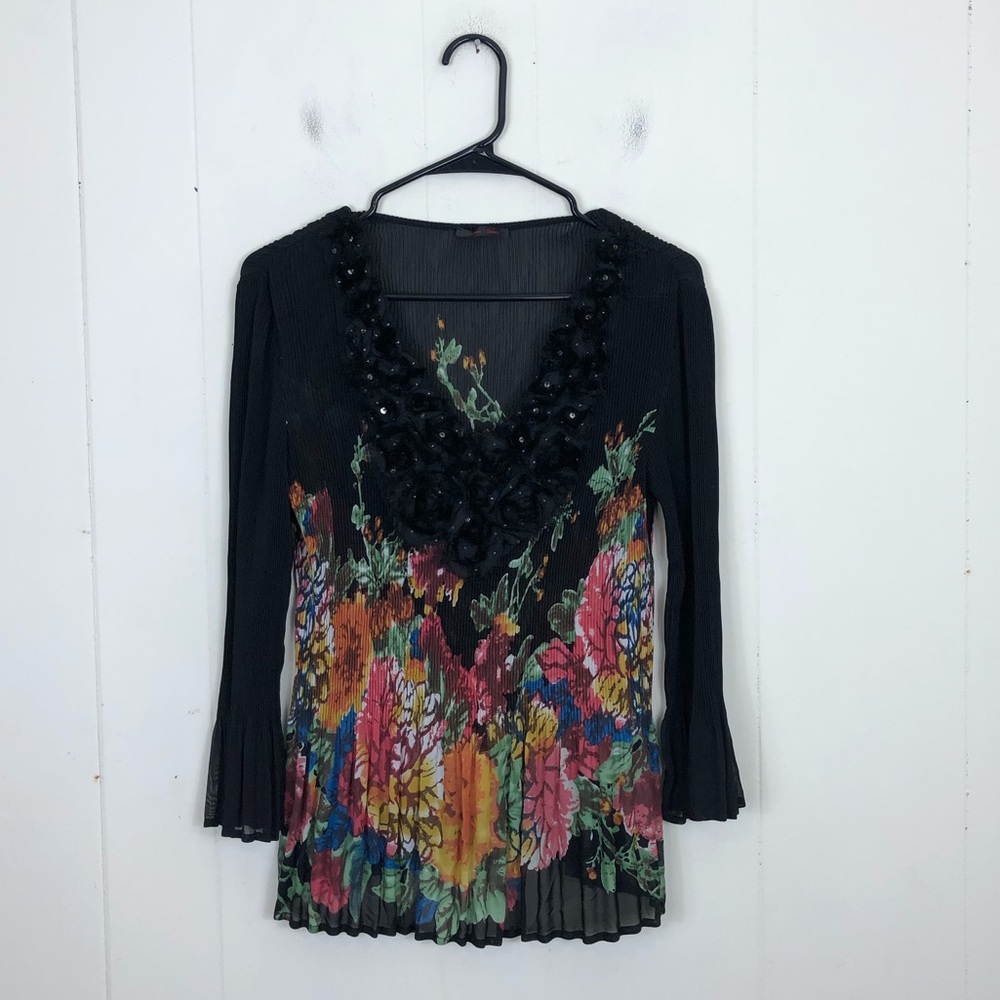 Alison Sheri‎ Pleated Floral Sequinned Blouse Sz M